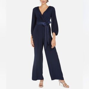 New Eliza J Wide Leg Faux Wrap Jumpsuit Blue Missing Belt Long Sleeve Sz 6